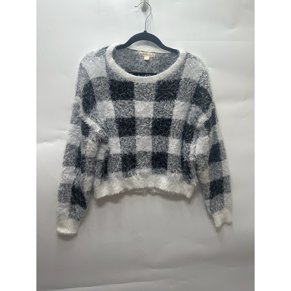 It's Our Time Sweater Womens L Black White Plaid Fuzzy Crewneck Stretch